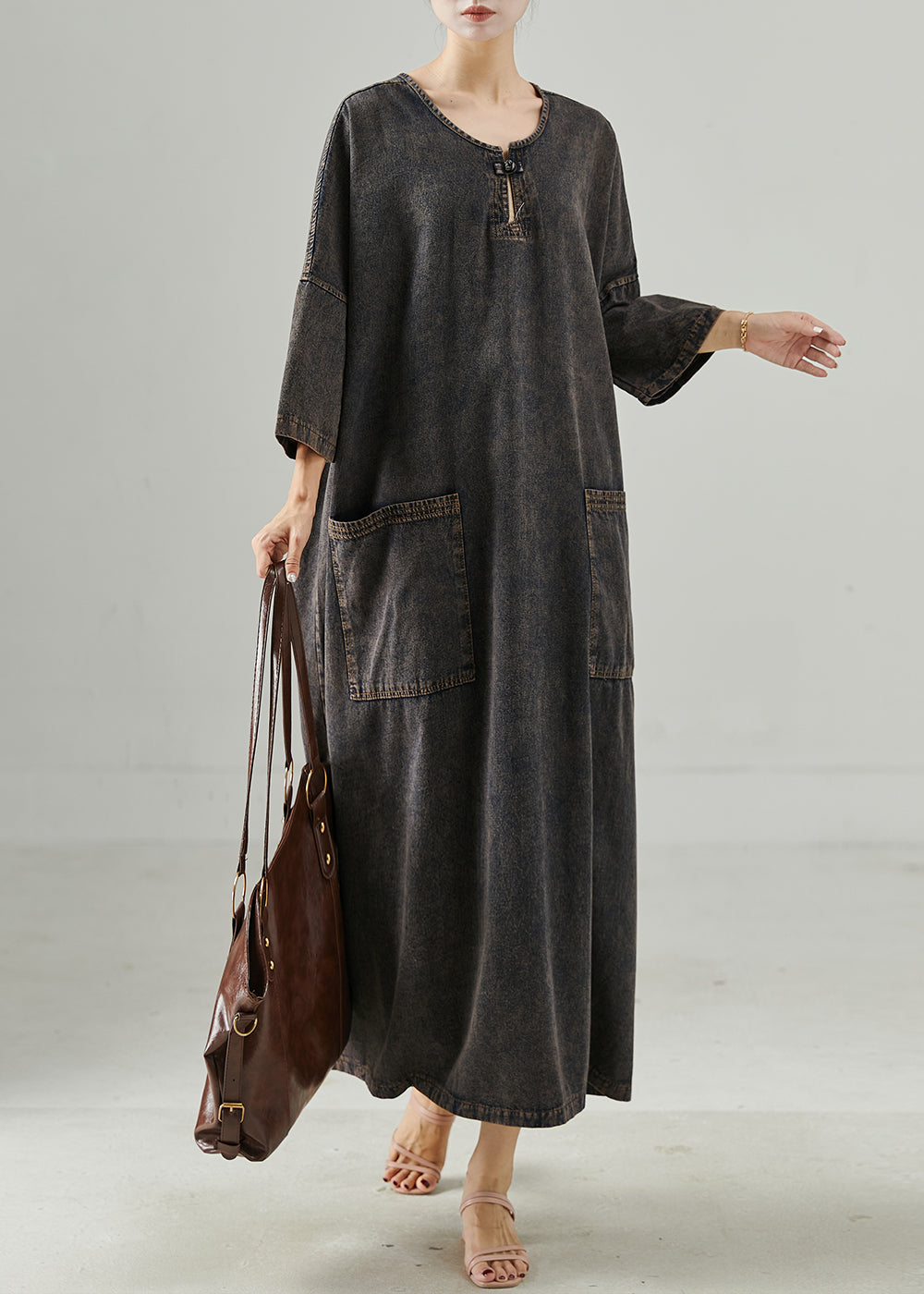 Casual Black Oversized Pockets Denim Holiday Dress Spring