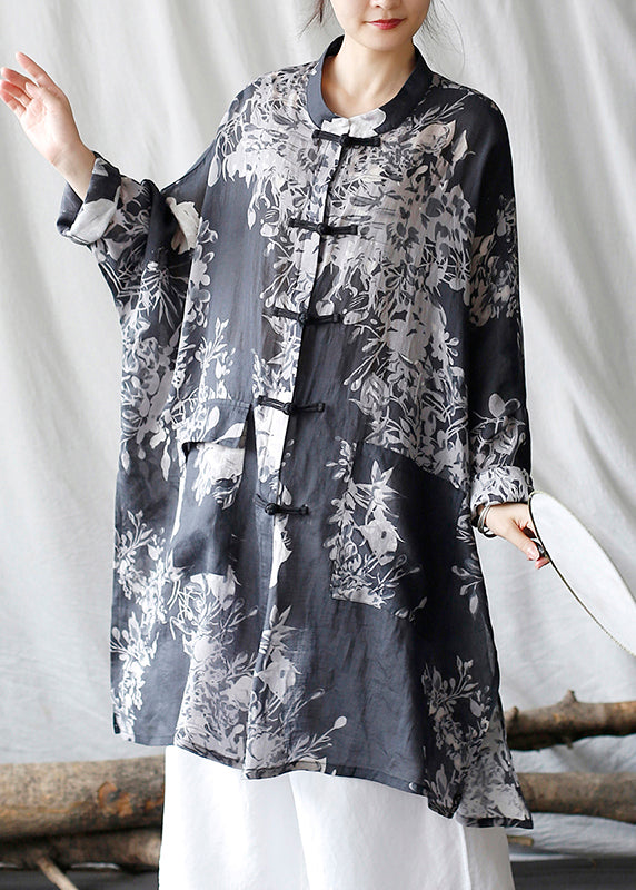 Casual Black Oversized Print Linen Oriental Cardigan Spring