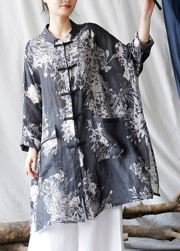 Casual Black Oversized Print Linen Oriental Cardigan Spring