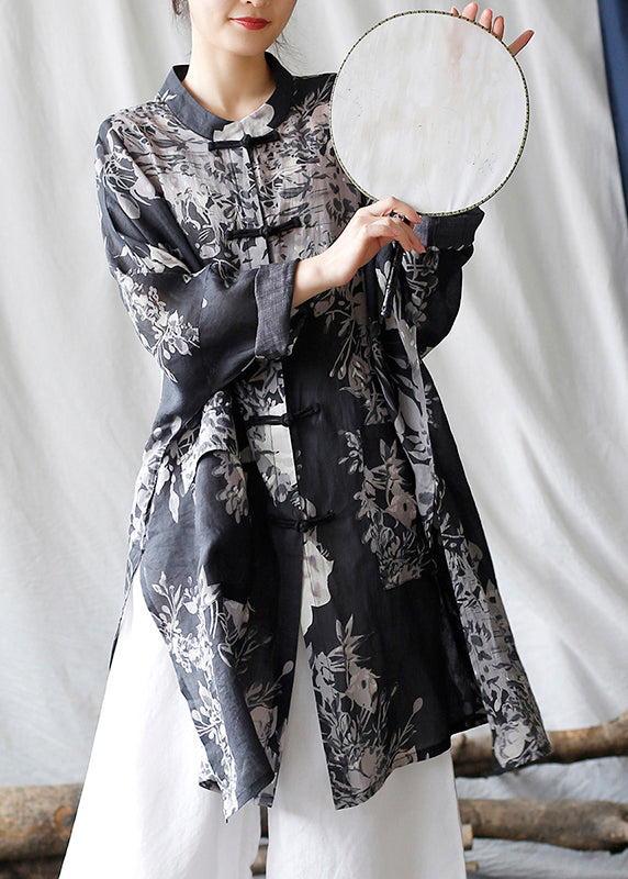 Casual Black Oversized Print Linen Oriental Cardigan Spring