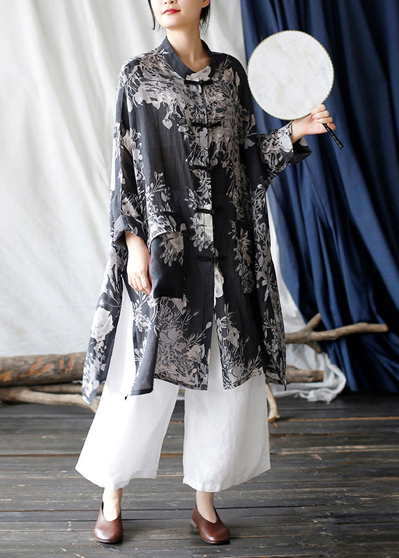 Casual Black Oversized Print Linen Oriental Cardigan Spring