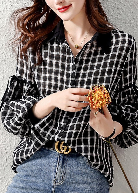 Casual Black Plaid Patchwork Button Shirt Long Sleeve