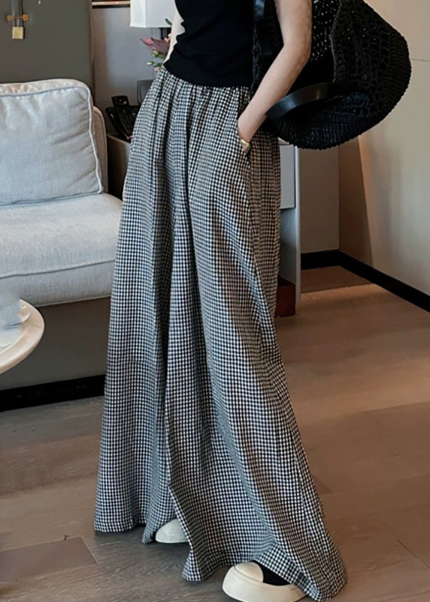 Casual Black Plaid Pockets Elastic Waist Wide Leg Pants