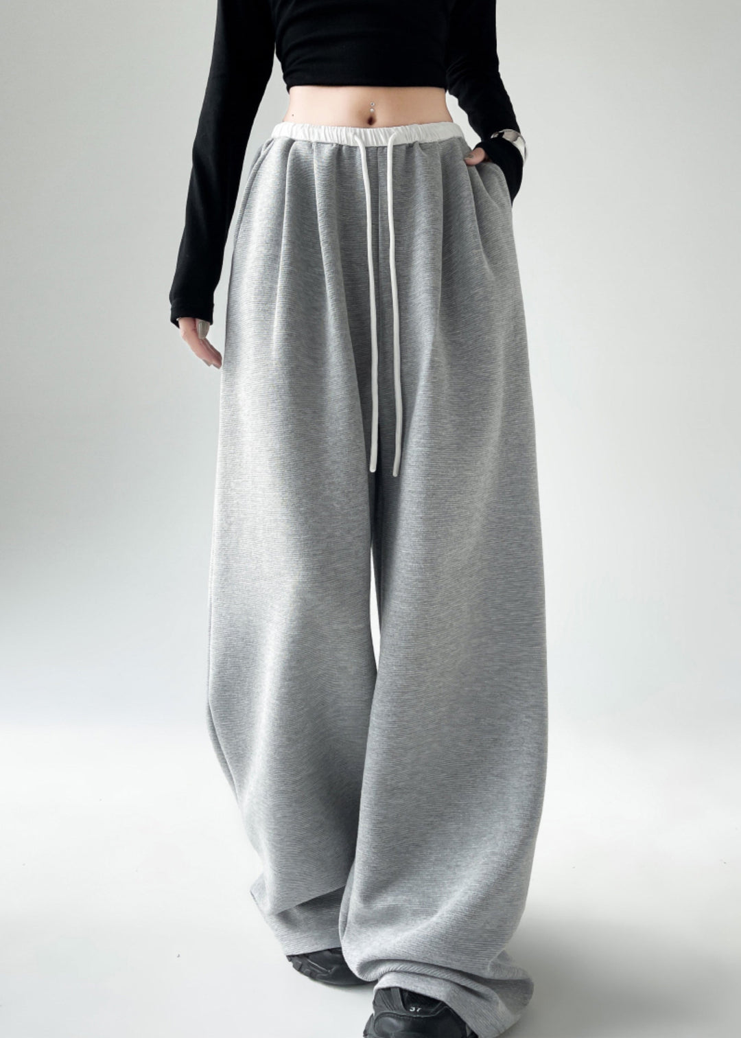 Casual Black Pockets Tie Waist Wide Leg Pants Spring