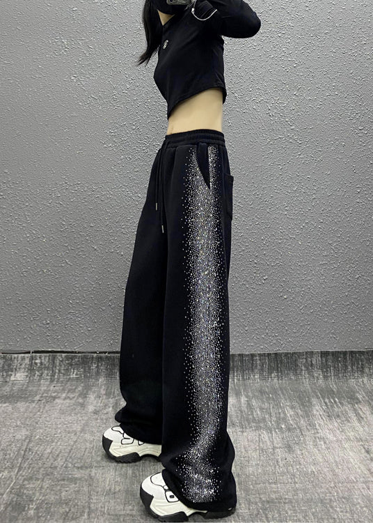 Casual Black Pockets Zircon Elastic Waist Cotton Pants Fall