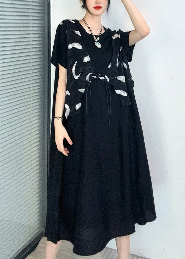 Casual Black Print Button Fake Two Pieces Long Dress Short Sleeve