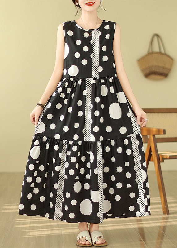 Casual Black Print Exra Large Hem Cotton Long Dress Sleeveless