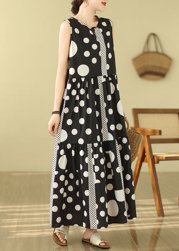 Casual Black Print Exra Large Hem Cotton Long Dress Sleeveless