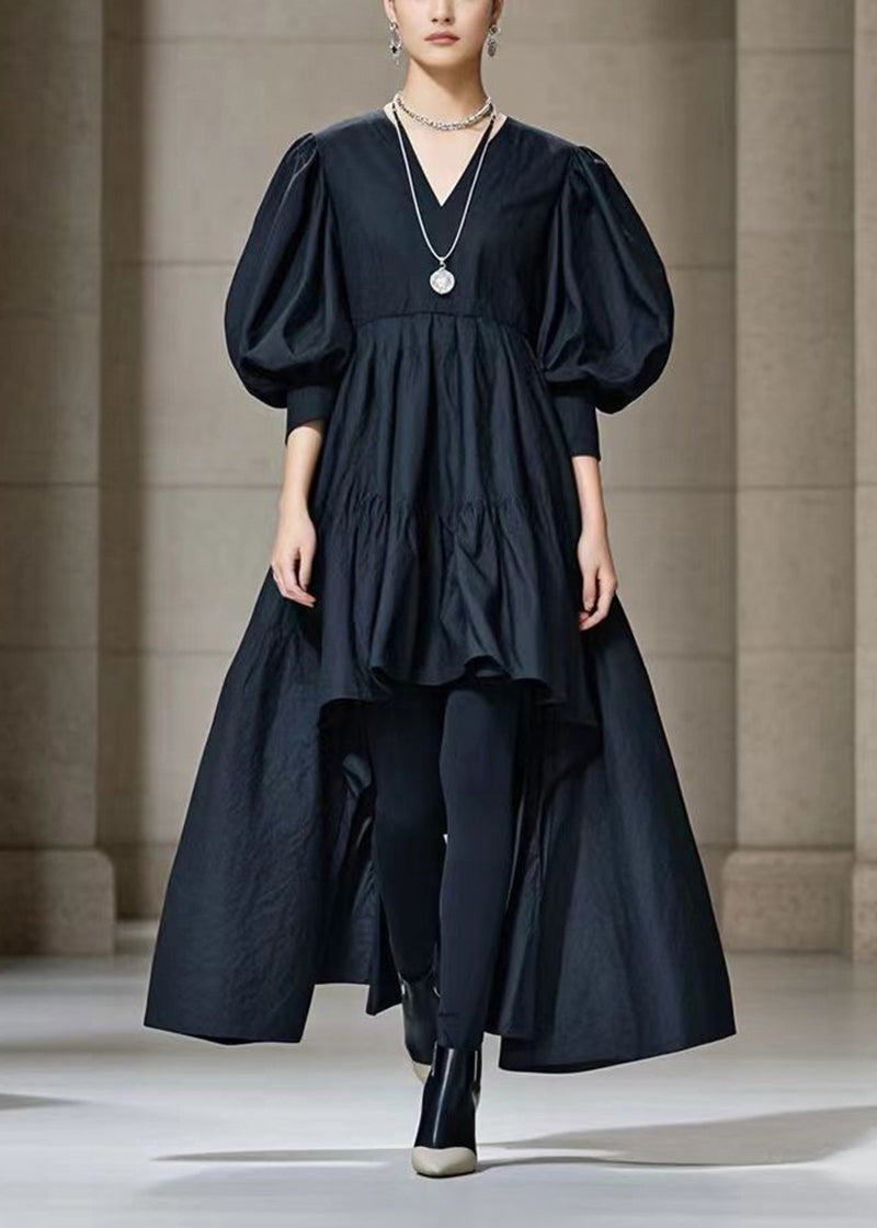 Casual Black Puff Sleeve Low High Design Cotton Maxi Dress