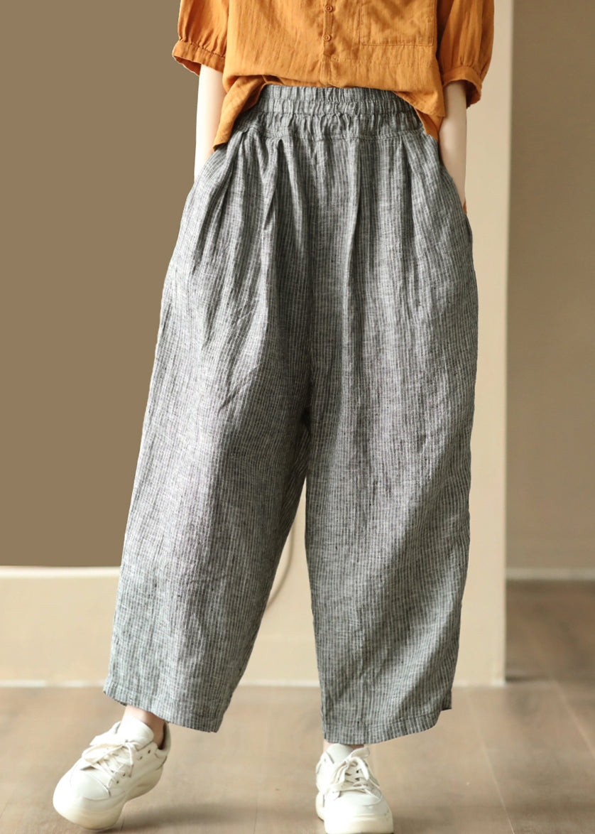 Casual Black Striped Pockets Elastic Waist Linen Harem Pants Summer