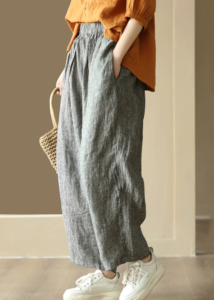 Casual Black Striped Pockets Elastic Waist Linen Harem Pants Summer