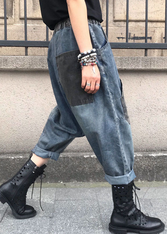 Casual Blue Embroidered Elastic Waist Denim Pants Summer