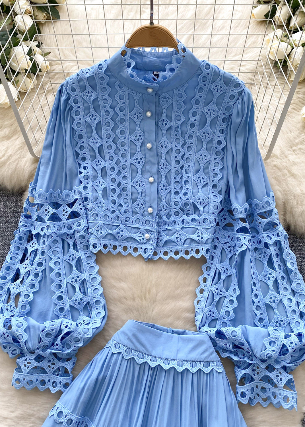 Casual Blue Hollow Out Patchwork Lace Two Piece Set Women Clothing Lantern Sleeve