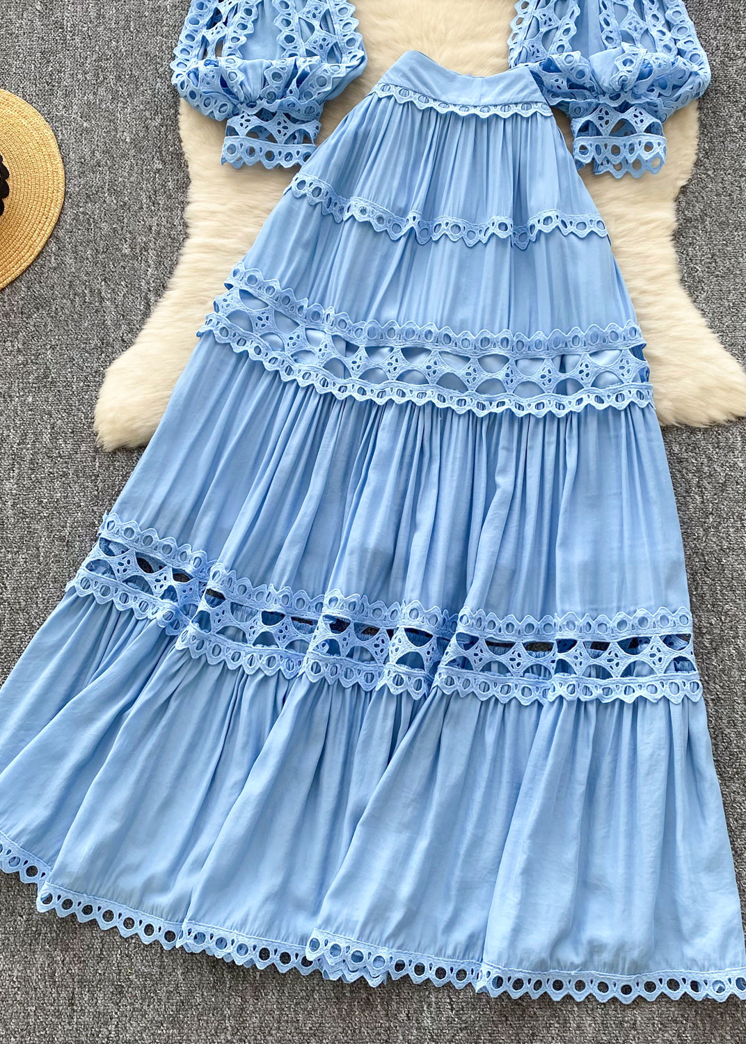 Casual Blue Hollow Out Patchwork Lace Two Piece Set Women Clothing Lantern Sleeve