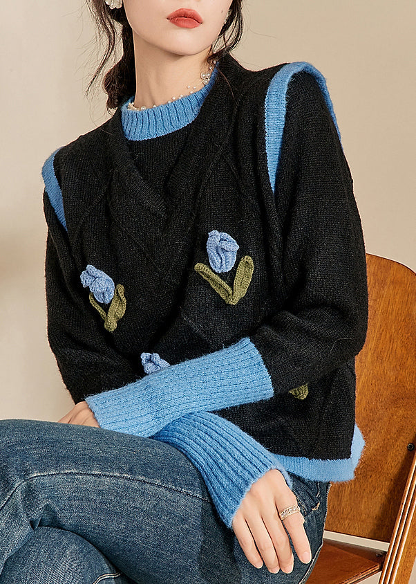 Casual Blue O-Neck Patchwork Cotton Knit Sweaters Winter