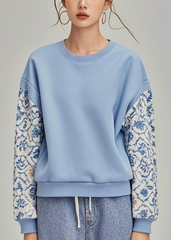 Casual Blue O Neck Print Patchwork Cotton Pullover Sweatshirt Fall