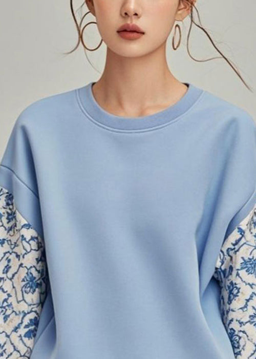 Casual Blue O Neck Print Patchwork Cotton Pullover Sweatshirt Fall