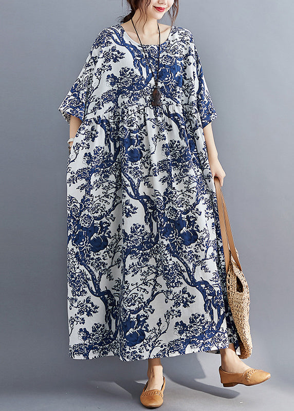 Casual Blue O-Neck Print Patchwork Wrinkled Maxi Dresses Summer