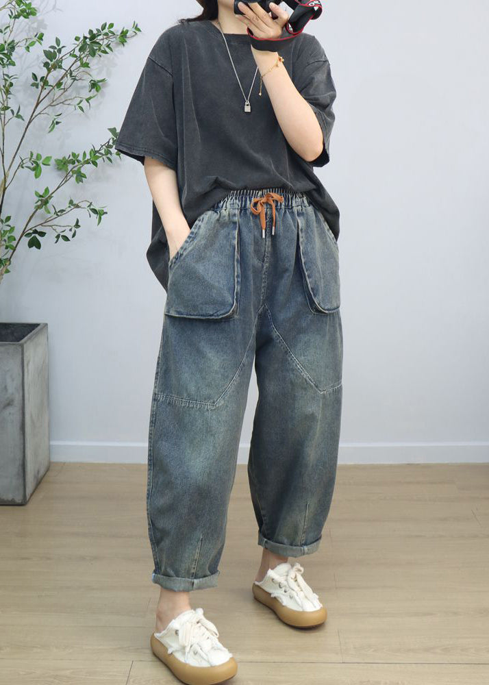 Casual Blue Oversized Big Pockets Denim Harem Pants Spring