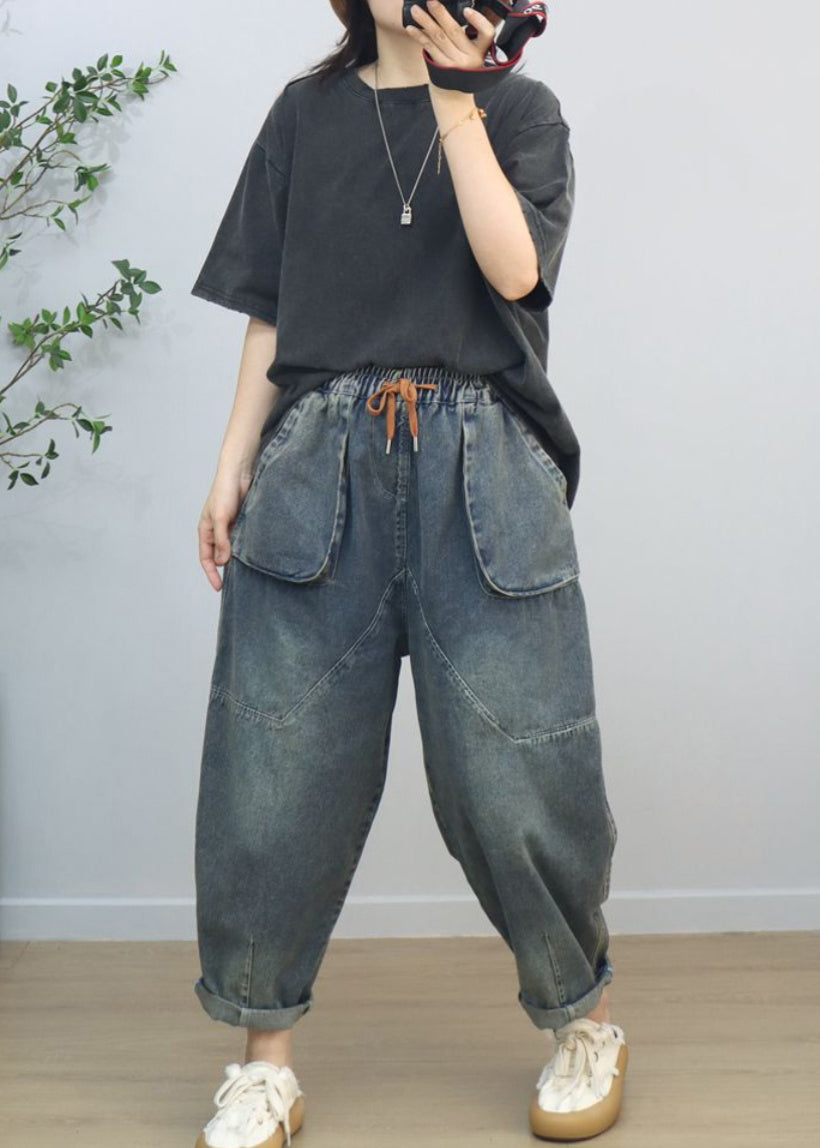 Casual Blue Oversized Big Pockets Denim Harem Pants Spring