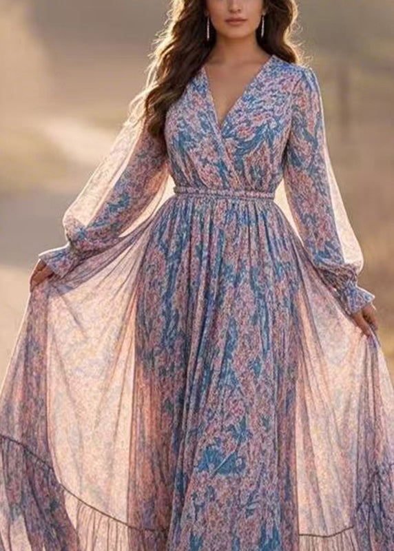 Casual Blue Patchwork Tunic Chiffon Long Dresses Lantern Sleeve