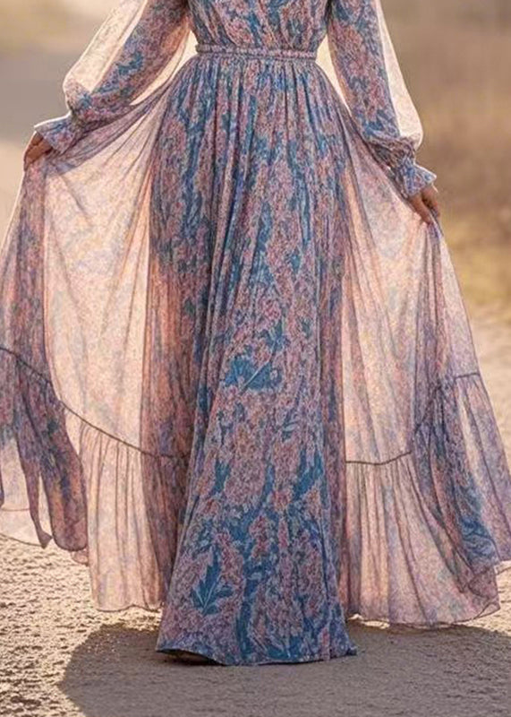 Casual Blue Patchwork Tunic Chiffon Long Dresses Lantern Sleeve