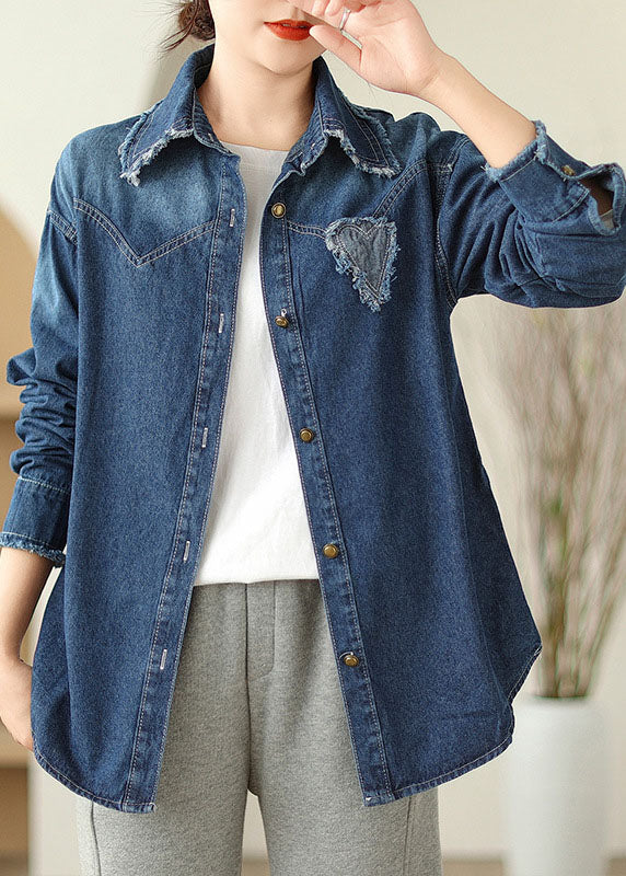 Casual Blue Peter Pan Collar Button Denim Coat Spring