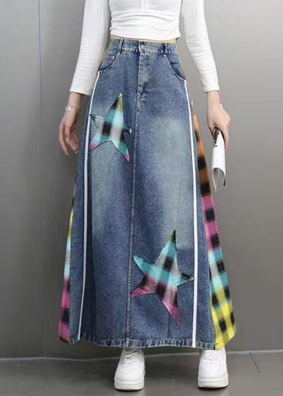 Casual Blue Plaid Patchwork patch Denim Maxi Skirts Spring