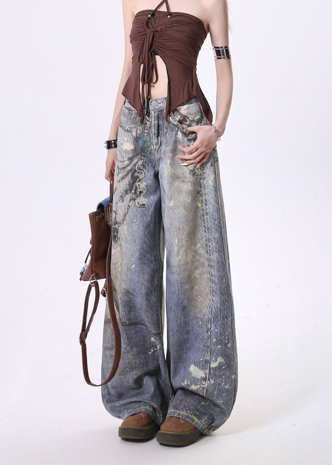 Casual Blue Pockets Chain Print Denim Straight Pants Spring