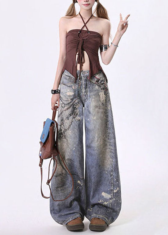 Casual Blue Pockets Chain Print Denim Straight Pants Spring