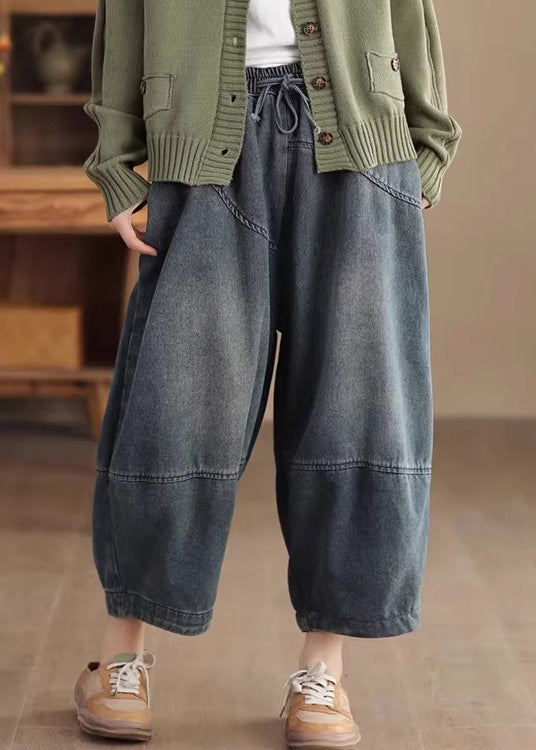 Casual Blue Pockets Elastic Waist Cotton Harem Pants Spring