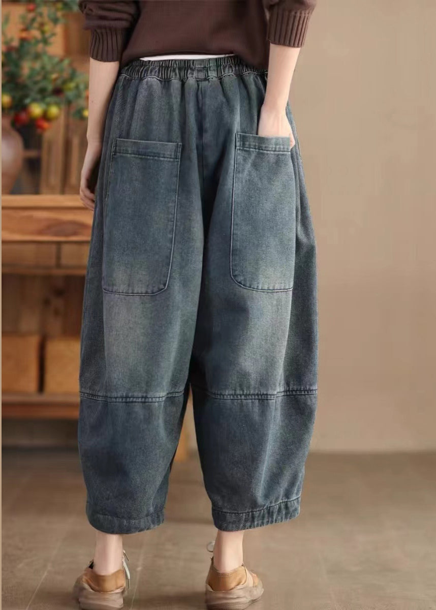 Casual Blue Pockets Elastic Waist Cotton Harem Pants Spring