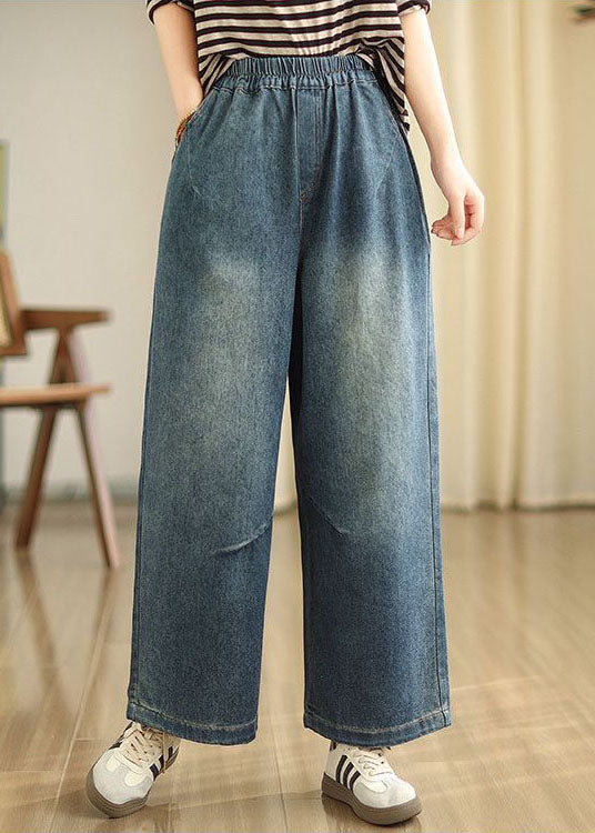 Casual Blue Pockets Elastic Waist Denim Wide Leg Pants Spring