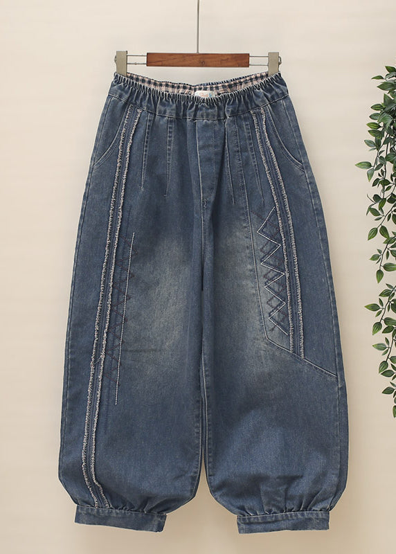 Casual Blue Pockets Patchwork Elastic Waist Denim Harem Pants Spring