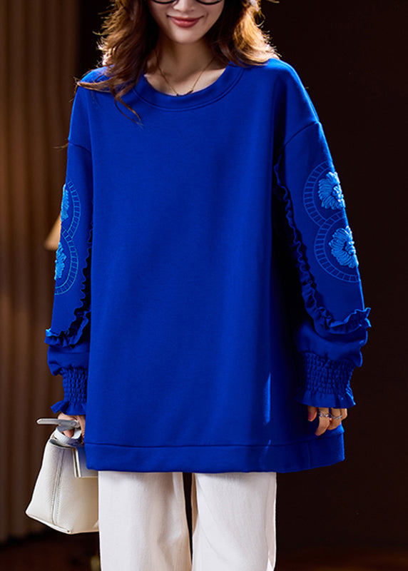 Casual Blue Ruffled Patchwork Embroidered Warm Fleece Sweatshirt Spring