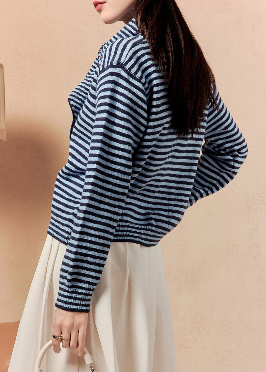 Casual Blue Scarf Striped Button Knit Sweater Winter