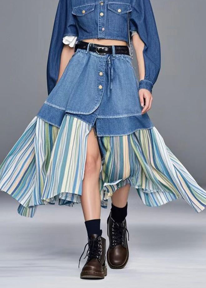 Casual Blue Side Open Patchwork Striped Denim Skirt Spring