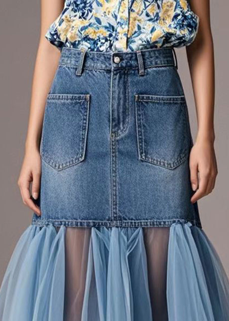 Casual Blue Tulle Patchwork Denim Wraped Skirt Spring