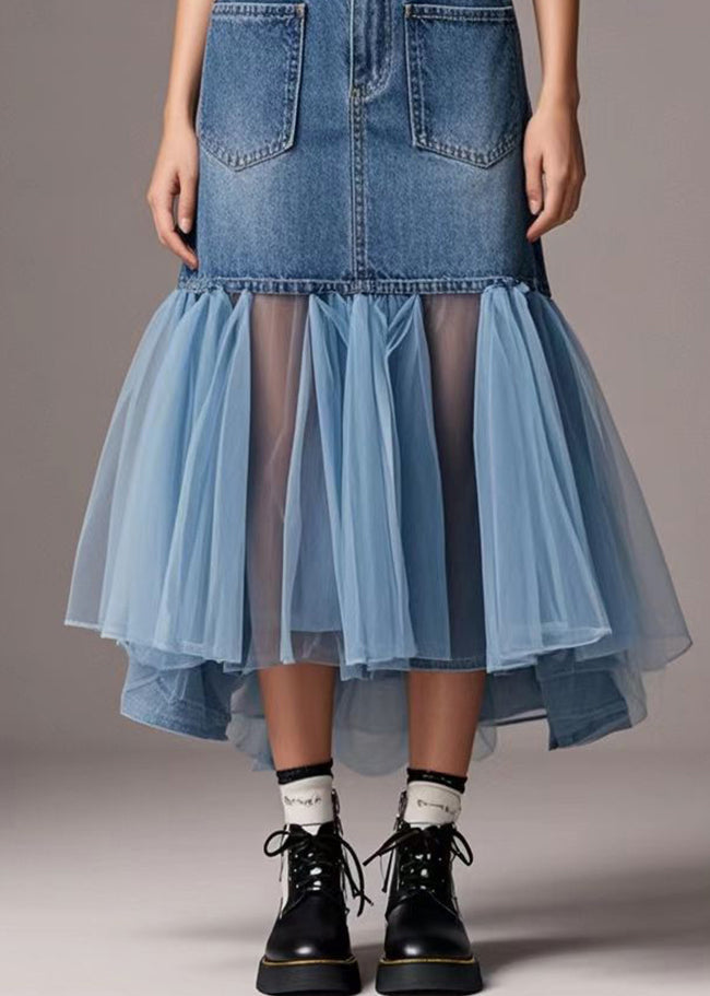 Casual Blue Tulle Patchwork Denim Wraped Skirt Spring