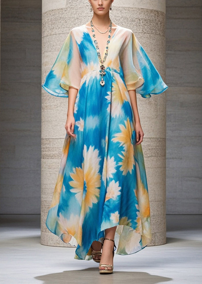 Casual Blue V Neck Print Chiffon Long Dress Summer