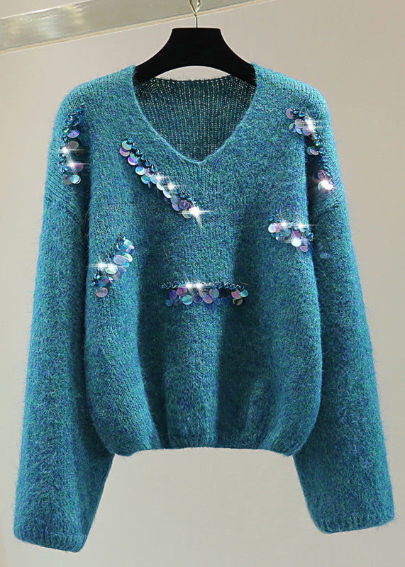 Casual Blue V Neck Sequins Thick Cotton Knit Sweater Winter