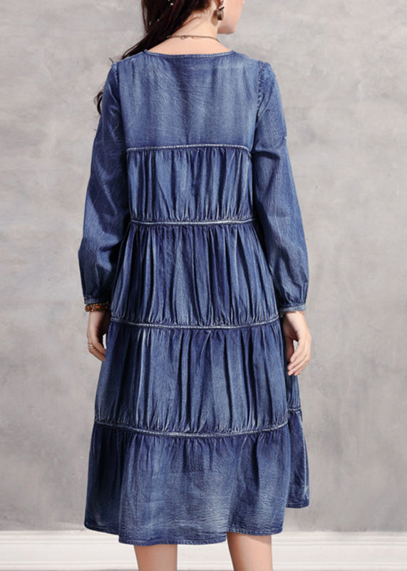 Casual Blue V Neck Wrinkled Patchwork Denim Long Dress Long Sleeve