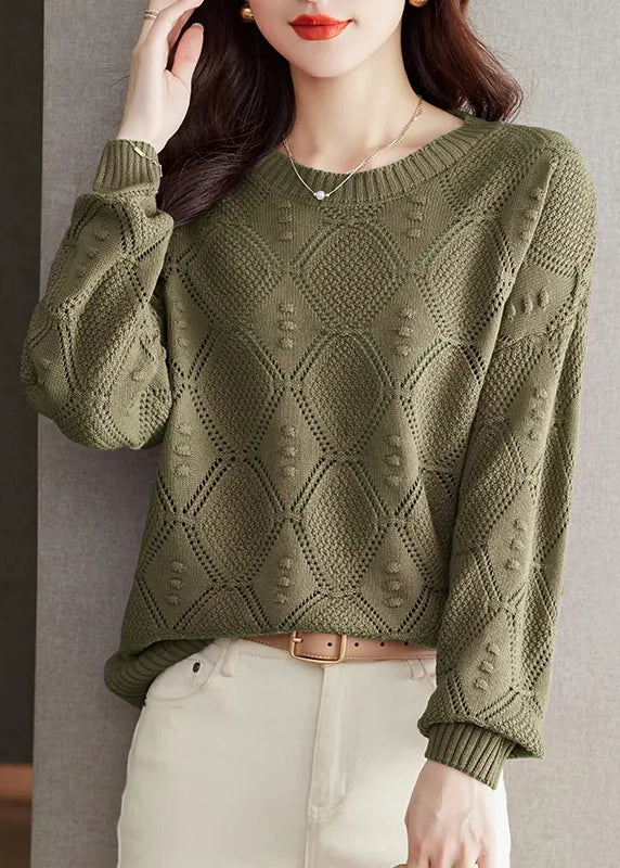 Casual Brick Red O Neck Hollow Out Knitted Tops Fall