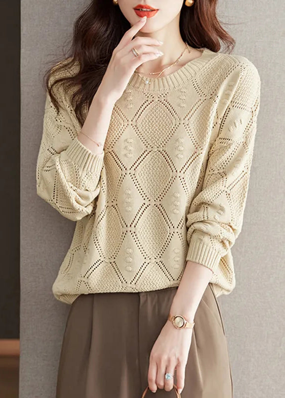 Casual Brick Red O Neck Hollow Out Knitted Tops Fall