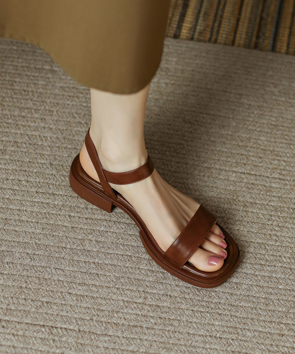 Casual Brown Cowhide Leather Splicing Sandals Peep Toe Buckle Strap