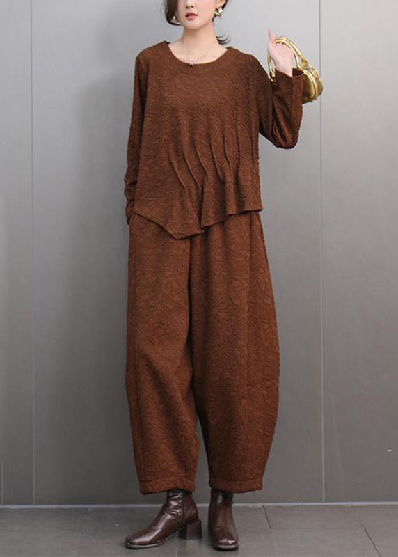 Casual Brown O-Neck Print T Shirts And Lantern Pants Two Pieces Set Spring