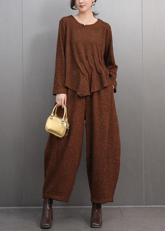 Casual Brown O-Neck Print T Shirts And Lantern Pants Two Pieces Set Spring