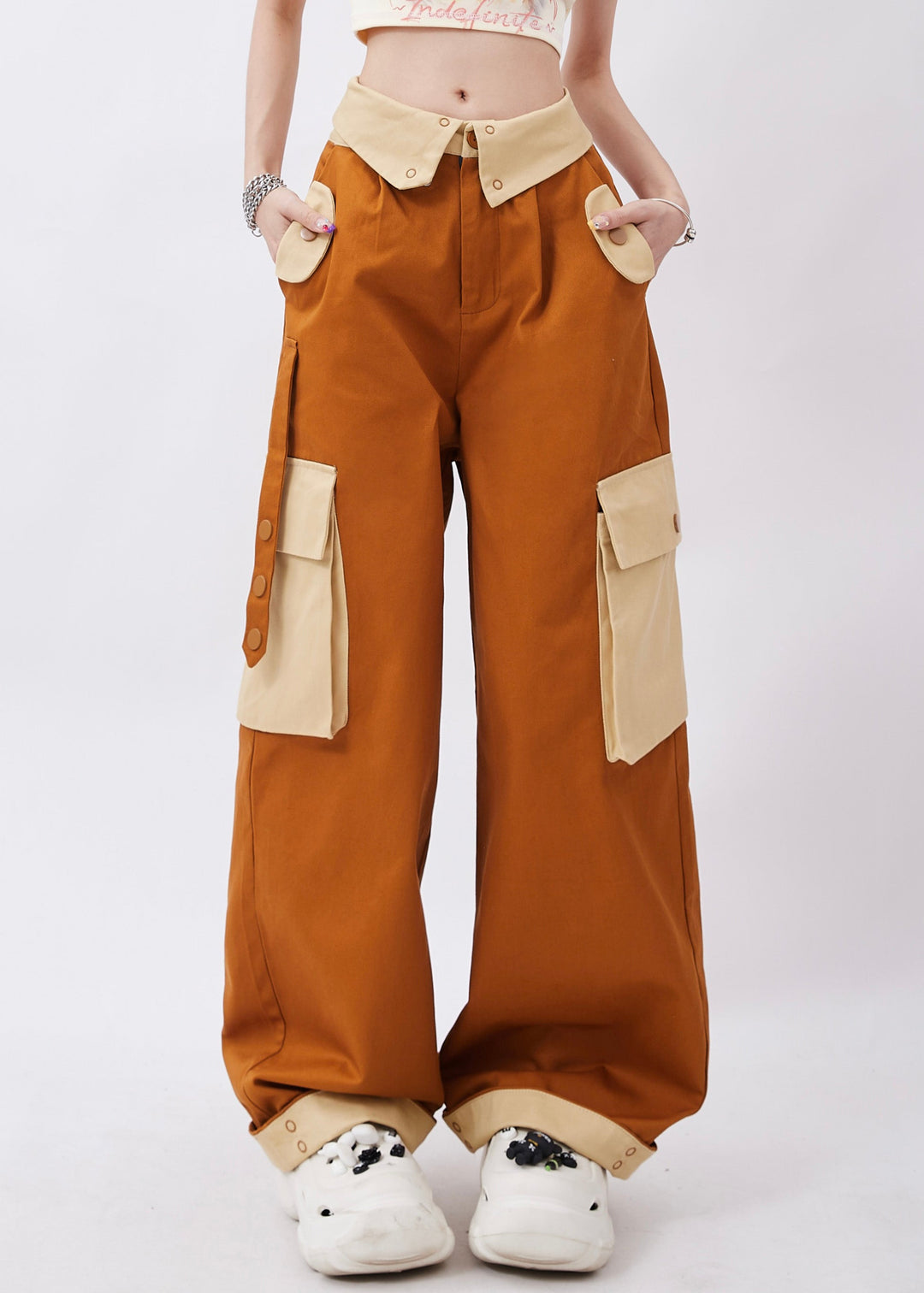 Casual Brown Patchwork Pockets Cotton Pants Trousers Spring