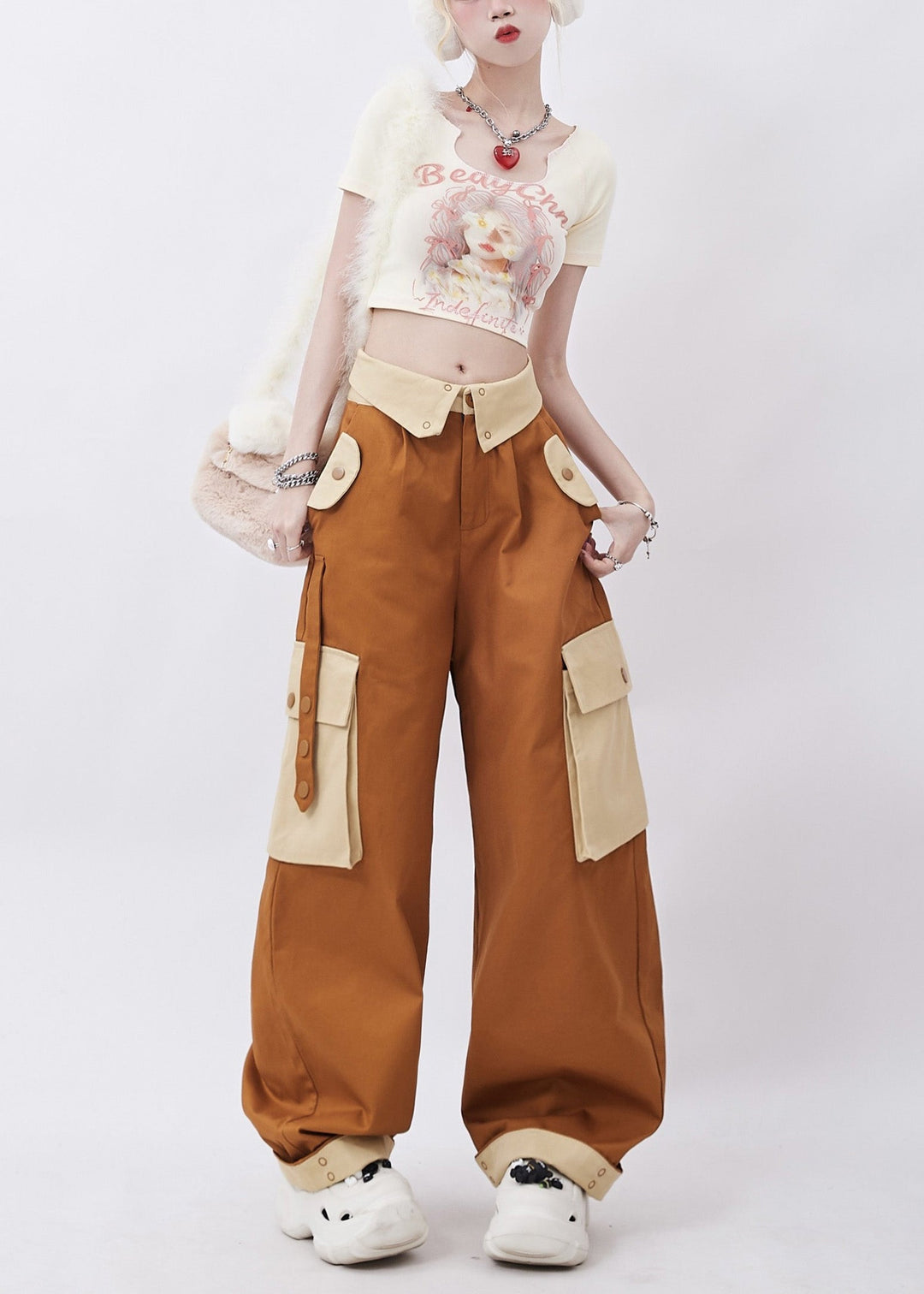 Casual Brown Patchwork Pockets Cotton Pants Trousers Spring