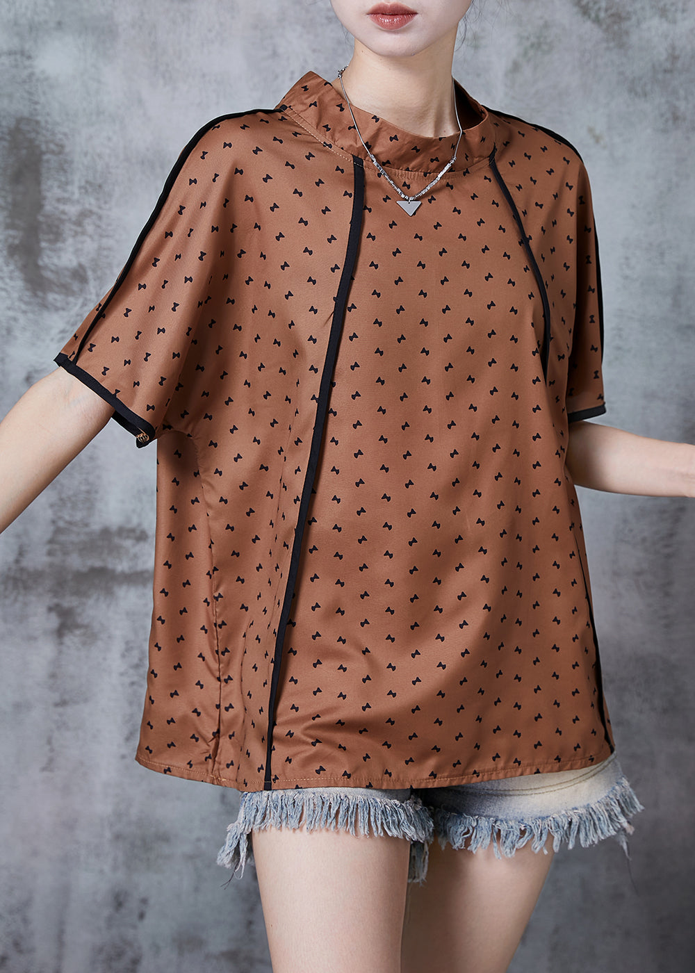 Casual Brown Stand Collar Print Cotton Tanks Summer